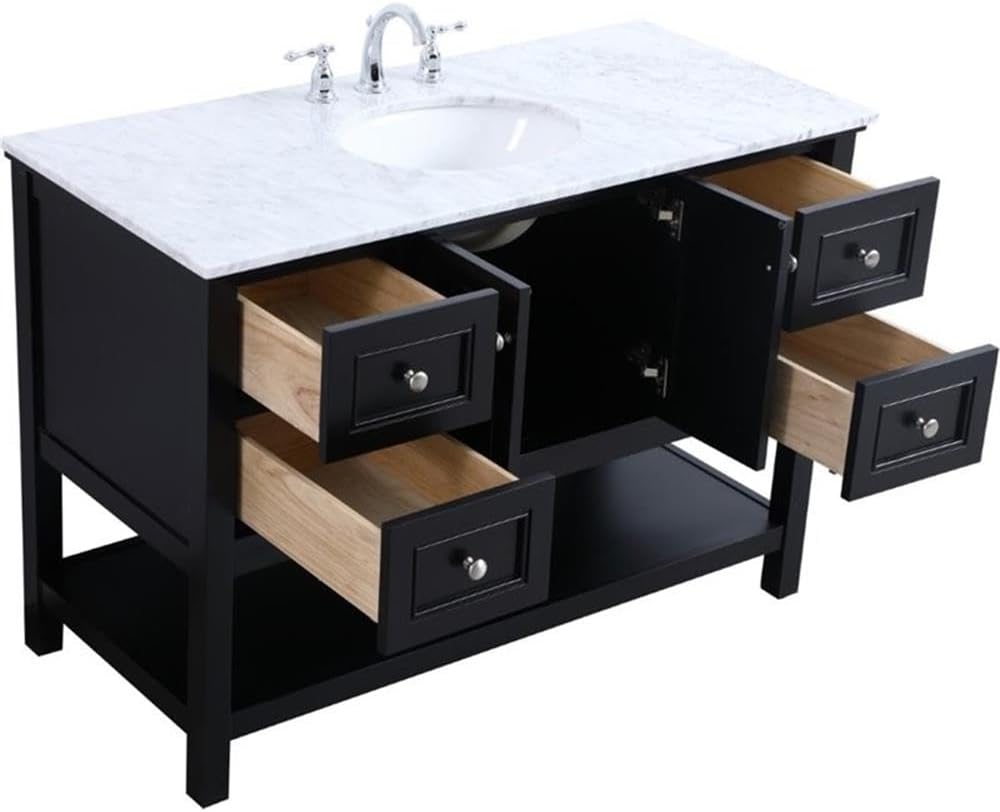 Pemberly Row Contemporary 48' Freestanding Bathroom Vanity, Solid Poplar Wood, Black Finish, Italian White Marble Top with Undermount Porcelain Sink, Soft-Close Drawers, Spacious Storage for Bathroom
