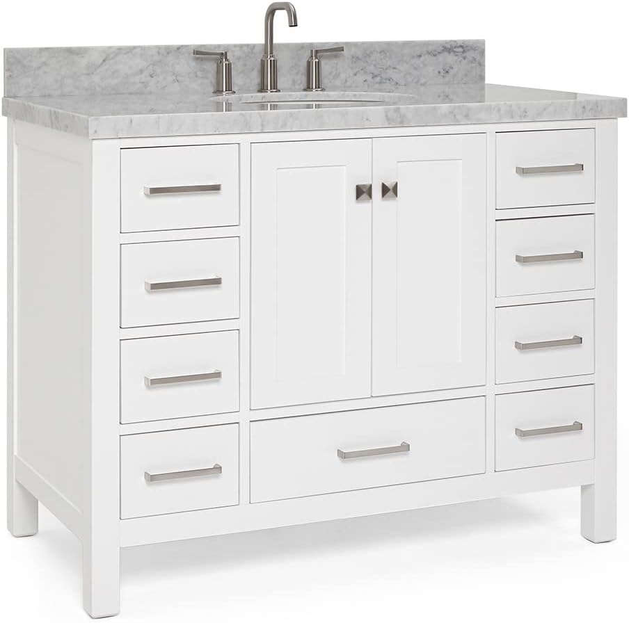 ARIEL Cambridge 42-inch Bathroom Vanity with Sink,Solid Wood, 1.5-inch Italian Carrara Marble Countertop & Backsplash, Single Oval Porcelain Sink, 2 Soft Closing Doors, 9 Dovetail Drawers, White