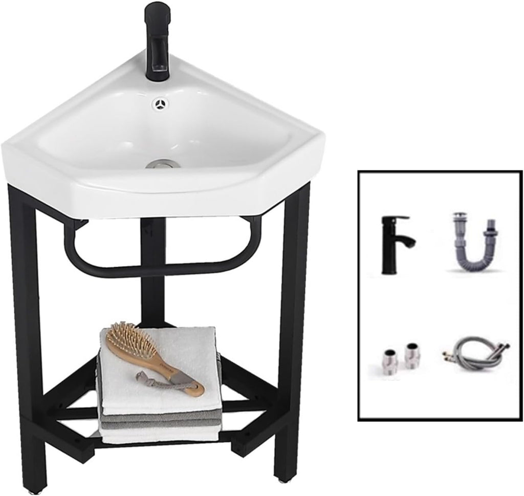 Wash Basin Sink Floor Standing Corner Bathroom Vanity Sink with Stainless Steel Storage Stand, Triangular Ceramic Basin Top Console Sink Freestanding Sink with Faucet & D(B 42CM)