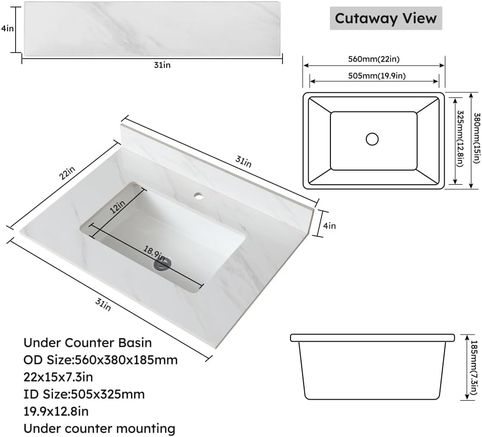 31''W x 22''D Vanity Top, Marble Quartz Bathroom Sink Vanity Top, Sintered Stone Bathroom Vanity with Undermount Ceramic Sink, Bathroom Vanity Sink Countertop, 1 Faucet Hole, White Grey Carra