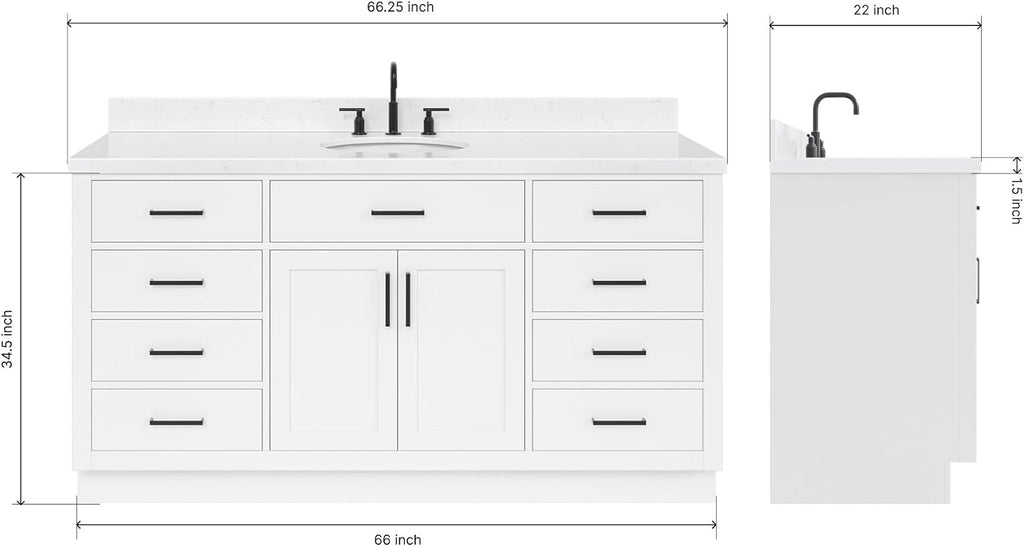 ARIEL Hepburn 66-inch Bathroom Vanity with Sink,Solid Wood, 1.5-inch Carrara White Quartz Countertop & Backsplash, Single Oval Porcelain Sink, 2 Soft Closing Doors, 9 Dovetail Drawers, White