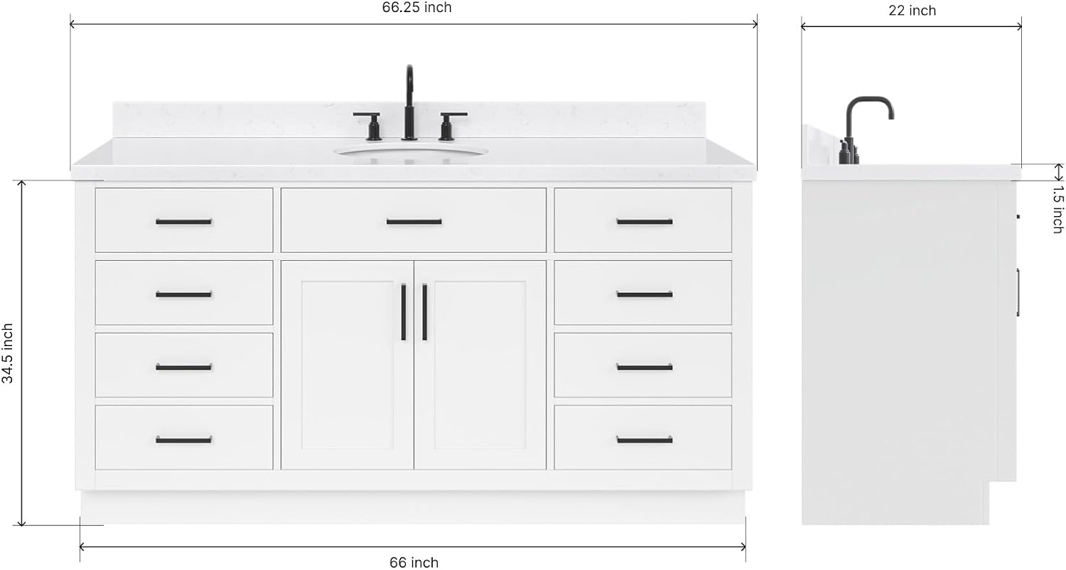 ARIEL Hepburn 66-inch Bathroom Vanity with Sink,Solid Wood, 1.5-inch Carrara White Quartz Countertop & Backsplash, Single Oval Porcelain Sink, 2 Soft Closing Doors, 9 Dovetail Drawers, White