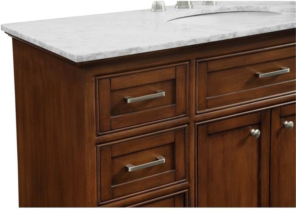 Pemberly Row Contemporary 48' Wood Single Bathroom Vanity, Brown Teak Finish, Italian Carrara Marble Top, Oval Porcelain Undermount Sink, Free-Standing Design, 8 Drawers, 2 Doors, Bathroom Essential