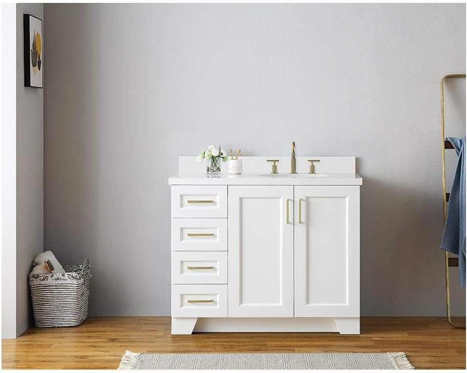 ARIEL Taylor 42-inch Bathroom Vanity with Sink,Solid Wood, 1.5-inch Pure White Quartz Countertop & Backsplash, Single Oval Porcelain Sink, 2 Soft Closing Doors, 5 Dovetail Drawers, White