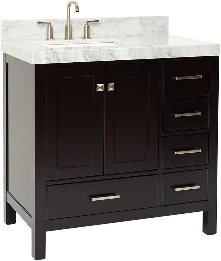 ARIEL Cambridge 36-inch Bathroom Vanity with Sink,Solid Wood, 2-inch Italian Carrara Marble Countertop, Single Rectangular Porcelain Sink, 2 Soft Closing Doors, 5 Dovetail Drawers, Espresso