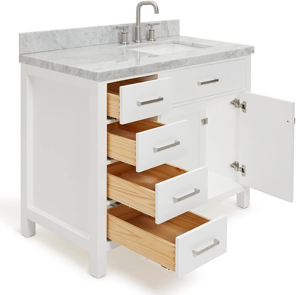 DKB Alenza 42-Inch White Single Bathroom Vanity with Sink, Italian Carrara Marble Countertop, Right Rectangular Undermount Sink, 2 Soft-Closing Doors, 4 Dovetail Drawers, Chrome Hardware
