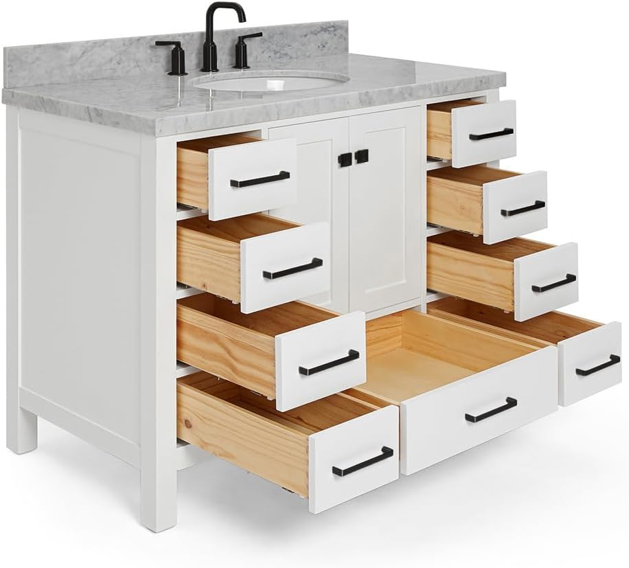 ARIEL Cambridge 42-inch Bathroom Vanity with Sink,Solid Wood, 1.5-inch Italian Carrara Marble Countertop & Backsplash, Single Oval Porcelain Sink, 2 Soft Closing Doors, 9 Dovetail Drawers, White