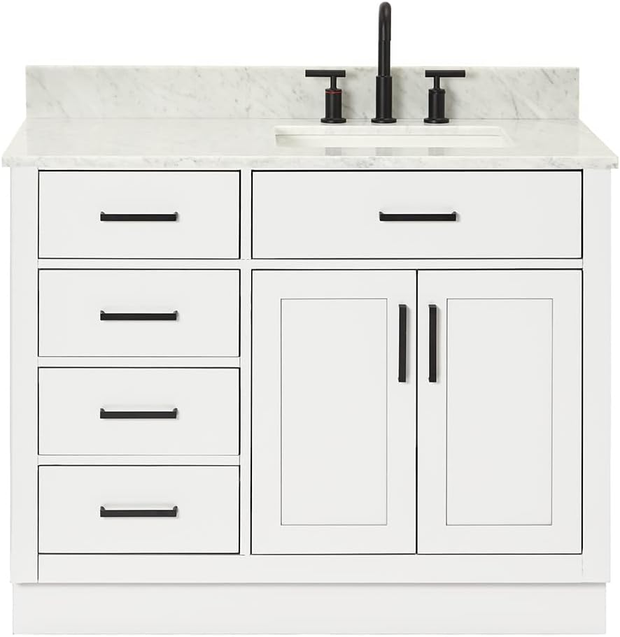 ARIEL Hepburn 43' Inch Right Offset Rectangle Sink Vanity with 0.75 Inch Edge Carrara White Countertop in White
