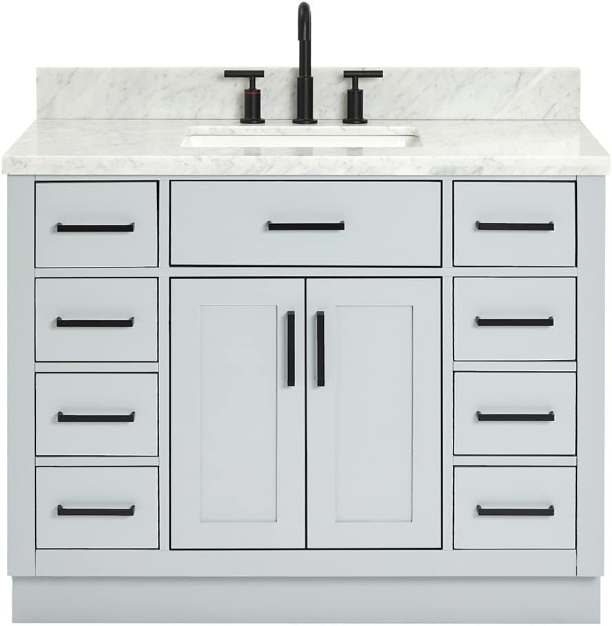 ARIEL Hepburn 42' Gray Single Bathroom Vanity with Sink, 1.5' Edge Italian Carrara Marble Top, Solid Wood Frame, Rectangular Undermount Sink, 2 Soft Closing Doors, 9 Dovetail Drawers