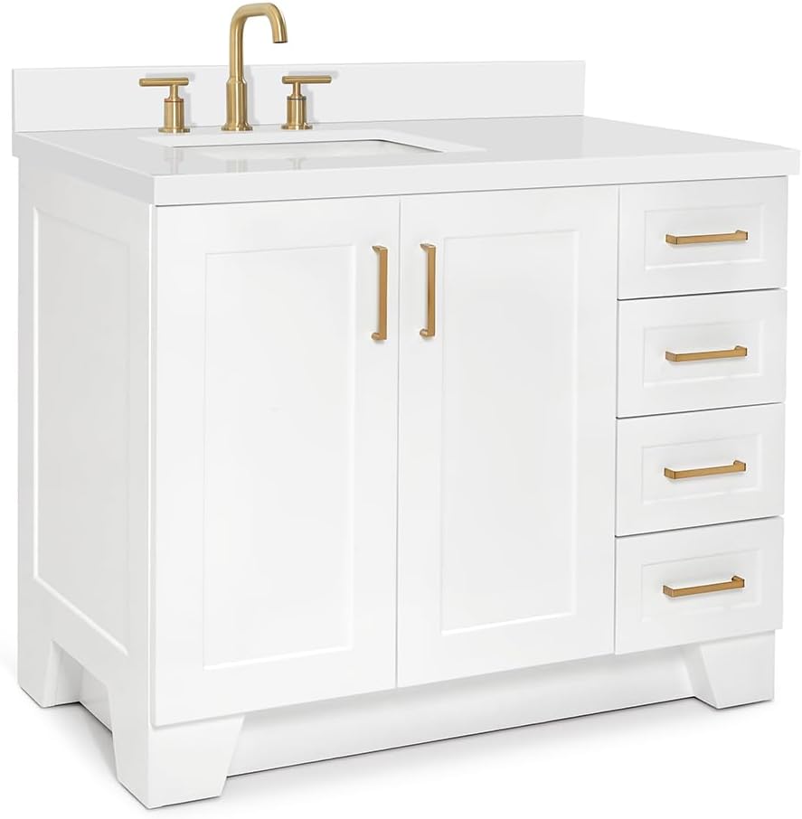 ARIEL Taylor 42-inch Bathroom Vanity with Sink,Solid Wood, 1.5-inch Pure White Quartz Countertop & Backsplash, Single Rectangular Porcelain Sink, 2 Soft Closing Doors, 5 Dovetail Drawers, White