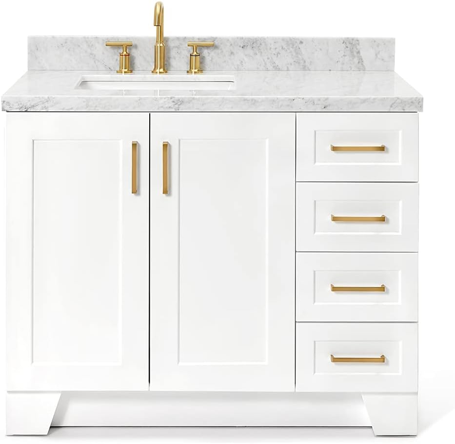 ARIEL Taylor 42-inch Bathroom Vanity with Sink,Solid Wood, 1.5-inch Italian Carrara Marble Countertop, Single Rectangular Porcelain Sink, 2 Soft Closing Doors, 5 Dovetail Drawers, White