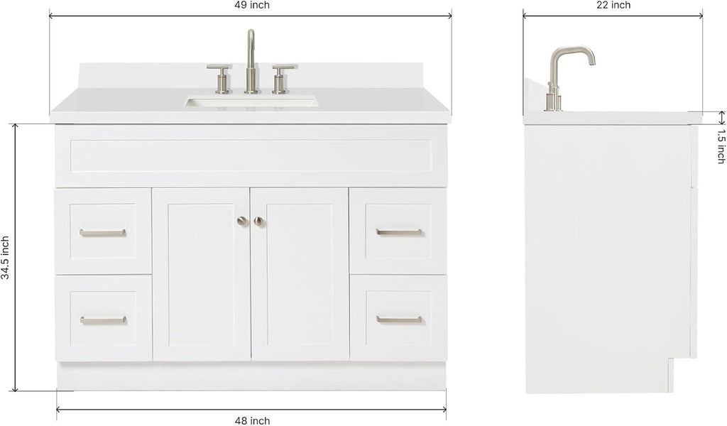 ARIEL Hamlet 48-inch Bathroom Vanity with Sink,Solid Wood, 1.5-inch Pure White Quartz Countertop & Backsplash, Single Rectangular Porcelain Sink, 2 Soft Closing Doors, 4 Dovetail Drawers, White