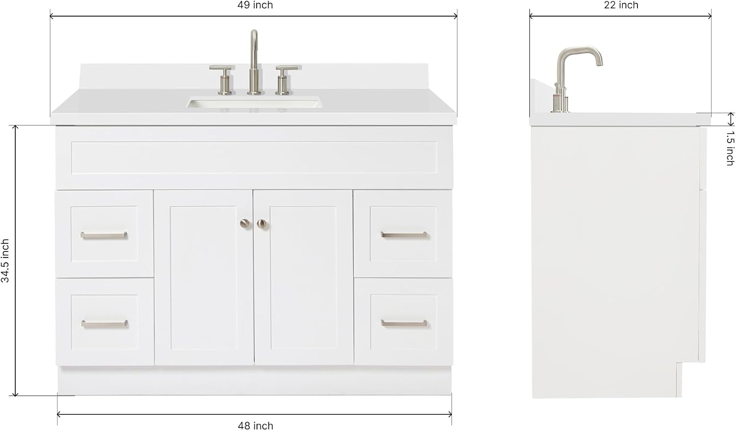 ARIEL Hamlet 48-inch Bathroom Vanity with Sink,Solid Wood, 1.5-inch Pure White Quartz Countertop & Backsplash, Single Rectangular Porcelain Sink, 2 Soft Closing Doors, 4 Dovetail Drawers, White