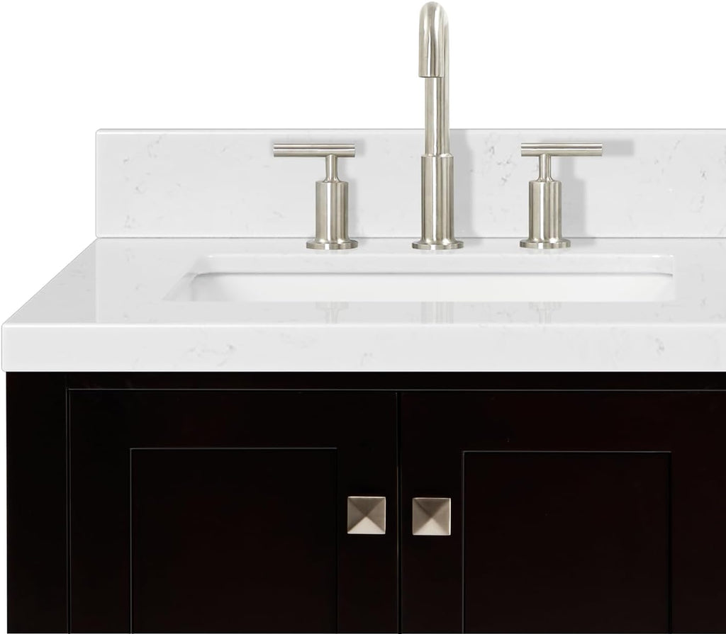 ARIEL Cambridge 36-inch Bathroom Vanity with Sink,Solid Wood, 1.5-inch Carrara White Quartz Countertop, Single Rectangular Porcelain Sink, 2 Soft Closing Doors, 5 Dovetail Drawers, Espresso