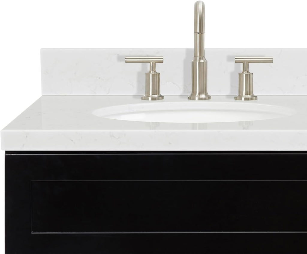 ARIEL Hamlet 36-inch Bathroom Vanity with Sink,Solid Wood, 1.5-inch Carrara White Quartz Countertop & Backsplash, Single Oval Porcelain Sink, 2 Soft Closing Doors, 2 Dovetail Drawers, Black