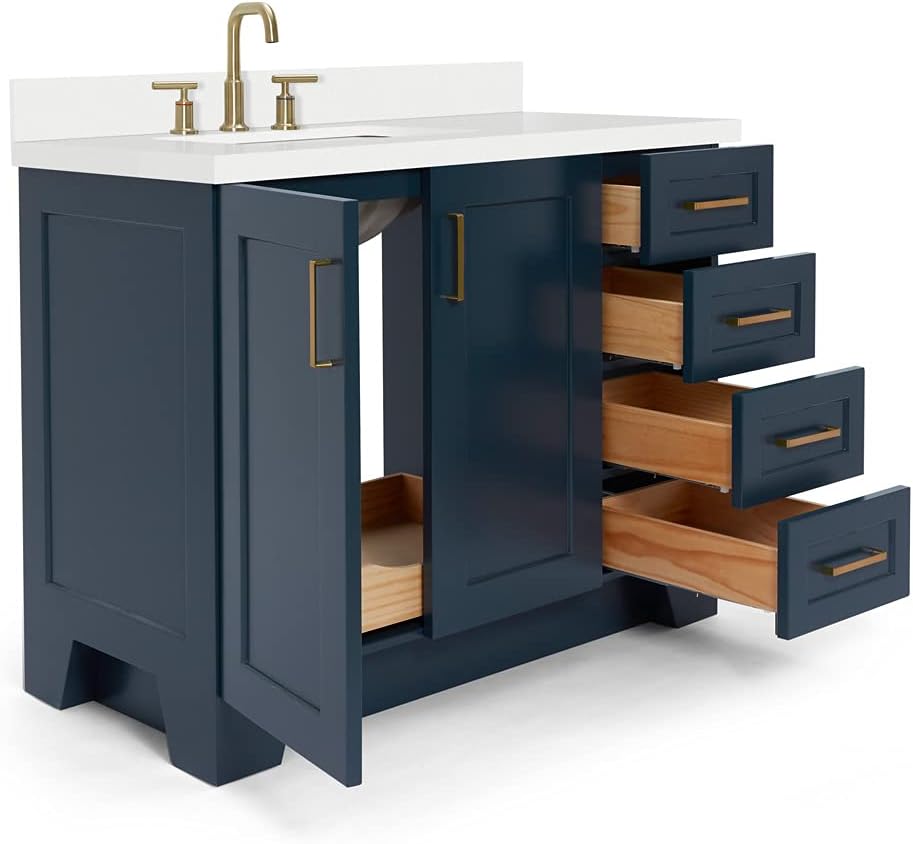 ARIEL Taylor 42-inch Bathroom Vanity with Sink,Solid Wood, 1.5-inch Pure White Quartz Countertop, Single Rectangular Porcelain Sink, 2 Soft Closing Doors, 5 Dovetail Drawers, Midnight Blue