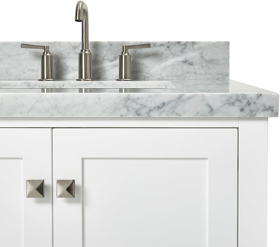 ARIEL Cambridge 42-inch Bathroom Vanity with Sink,Solid Wood, 1.5-inch Italian Carrara Marble Countertop, Single Rectangular Porcelain Sink, 2 Soft Closing Doors, 5 Dovetail Drawers, White