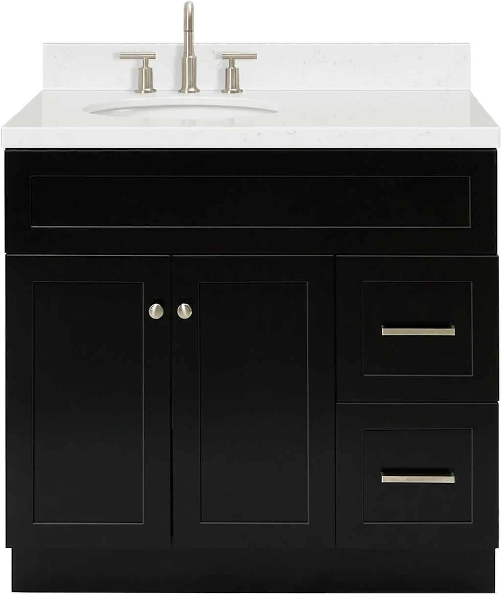 ARIEL Hamlet 36-inch Bathroom Vanity with Sink,Solid Wood, 1.5-inch Carrara White Quartz Countertop & Backsplash, Single Oval Porcelain Sink, 2 Soft Closing Doors, 2 Dovetail Drawers, Black