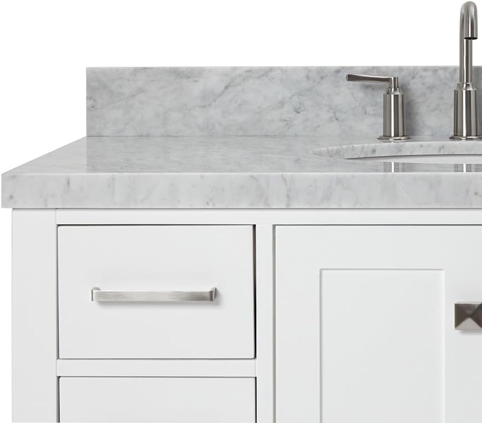 ARIEL Cambridge 42-inch Bathroom Vanity with Sink,Solid Wood, 1.5-inch Italian Carrara Marble Countertop & Backsplash, Single Oval Porcelain Sink, 2 Soft Closing Doors, 9 Dovetail Drawers, White