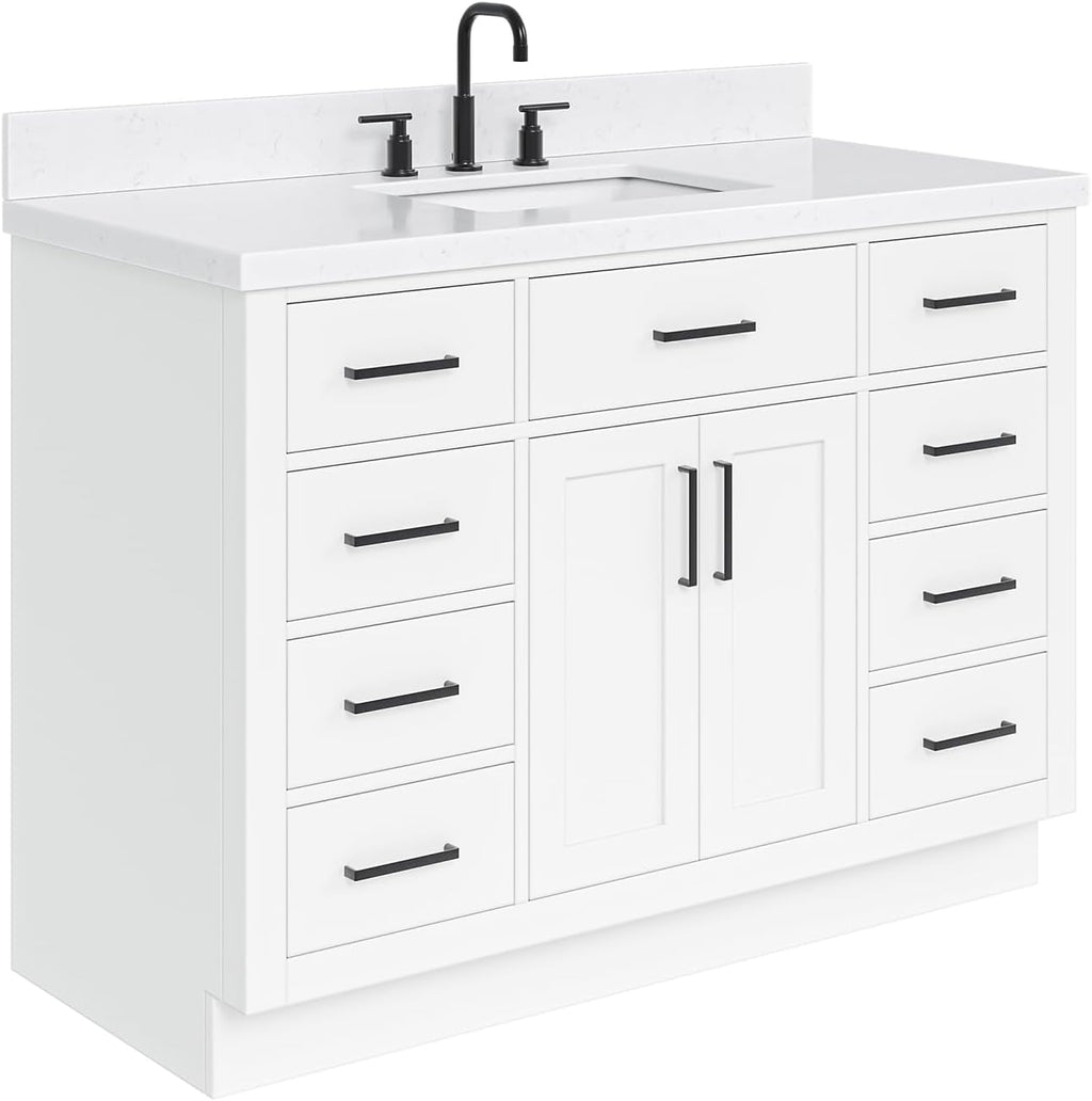 ARIEL Hepburn 48-inch Bathroom Vanity with Sink,Solid Wood, 1.5-inch Carrara White Quartz Countertop & Backsplash, Single Rectangular Porcelain Sink, 2 Soft Closing Doors, 9 Dovetail Drawers, White