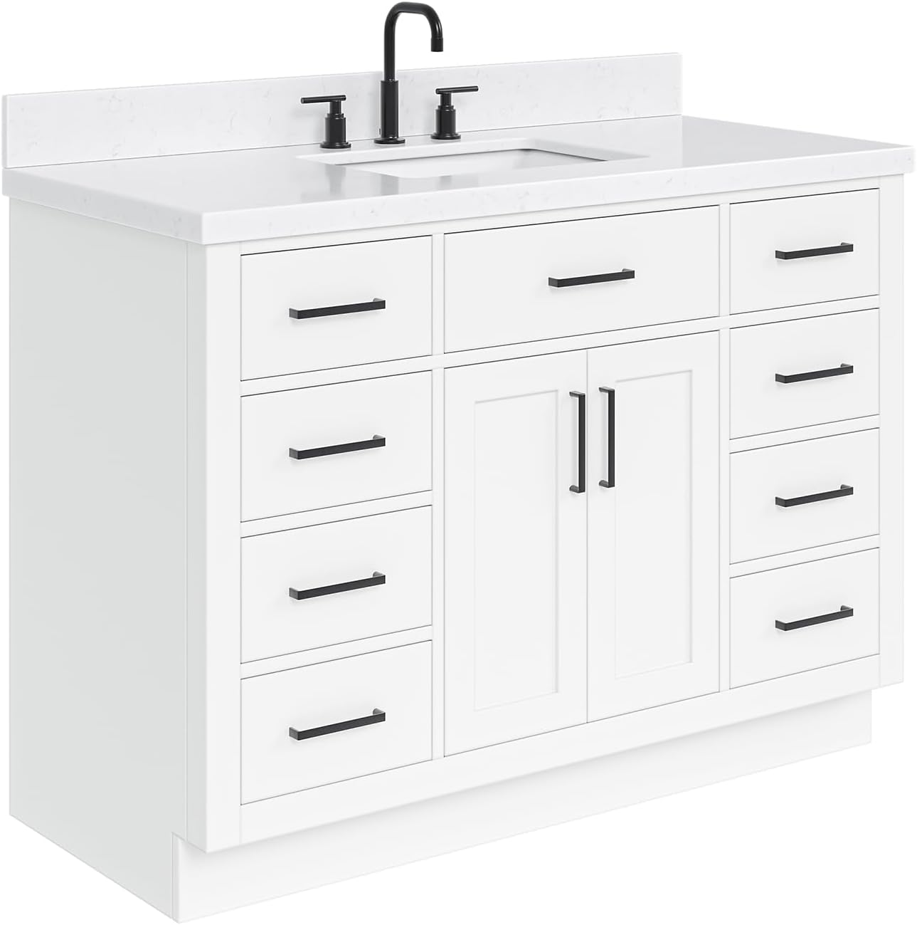 ARIEL Hepburn 48-inch Bathroom Vanity with Sink,Solid Wood, 1.5-inch Carrara White Quartz Countertop & Backsplash, Single Rectangular Porcelain Sink, 2 Soft Closing Doors, 9 Dovetail Drawers, White