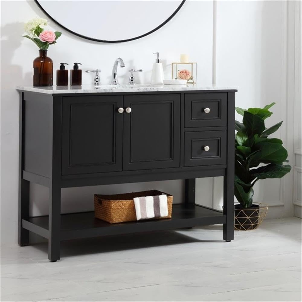 Pemberly Row Contemporary 42' Single Bathroom Vanity, Black Finish, Solid Poplar Wood Base, Carrara White Marble Top, Porcelain Undermount Sink, Soft-Close Drawers, Freestanding Design for Bathroom