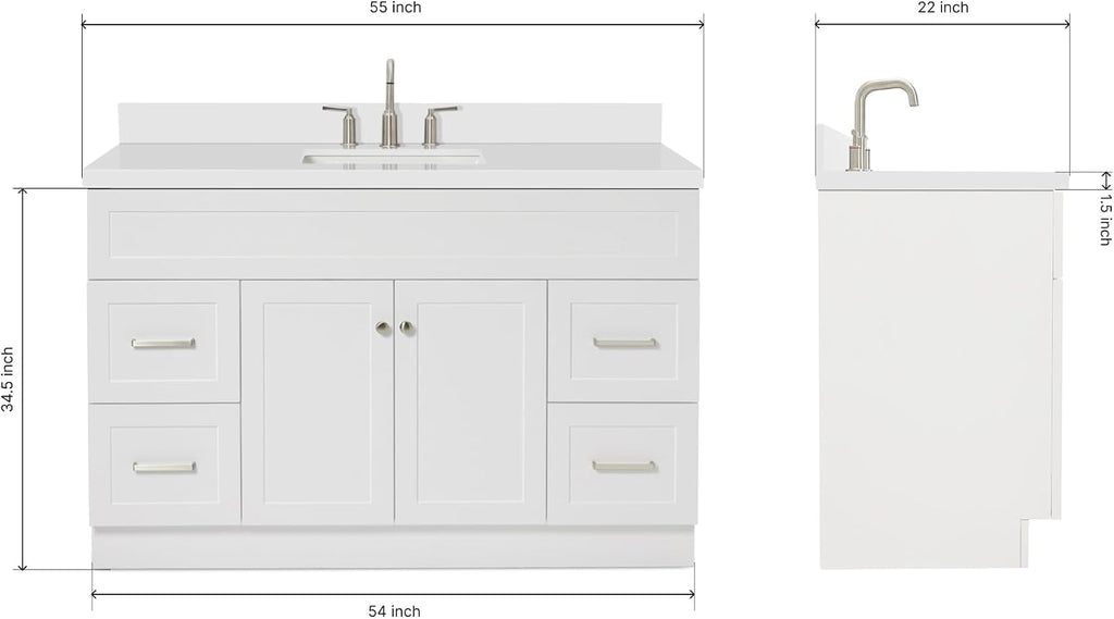 ARIEL Hamlet 54-inch Bathroom Vanity with Sink,Solid Wood, 1.5-inch Pure White Quartz Countertop & Backsplash, Single Rectangular Porcelain Sink, 2 Soft Closing Doors, 4 Dovetail Drawers, White