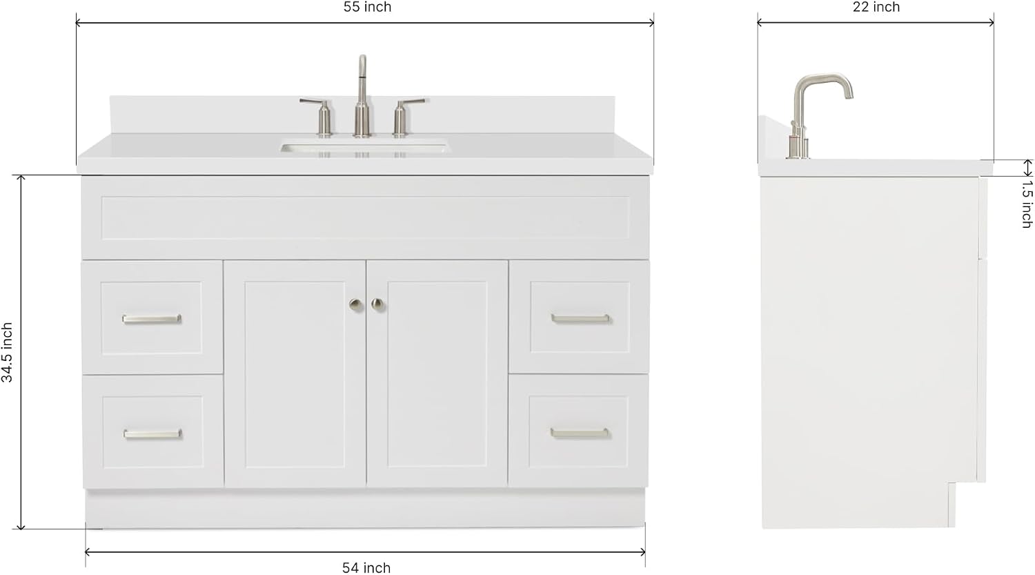 ARIEL Hamlet 54-inch Bathroom Vanity with Sink,Solid Wood, 1.5-inch Pure White Quartz Countertop & Backsplash, Single Rectangular Porcelain Sink, 2 Soft Closing Doors, 4 Dovetail Drawers, White