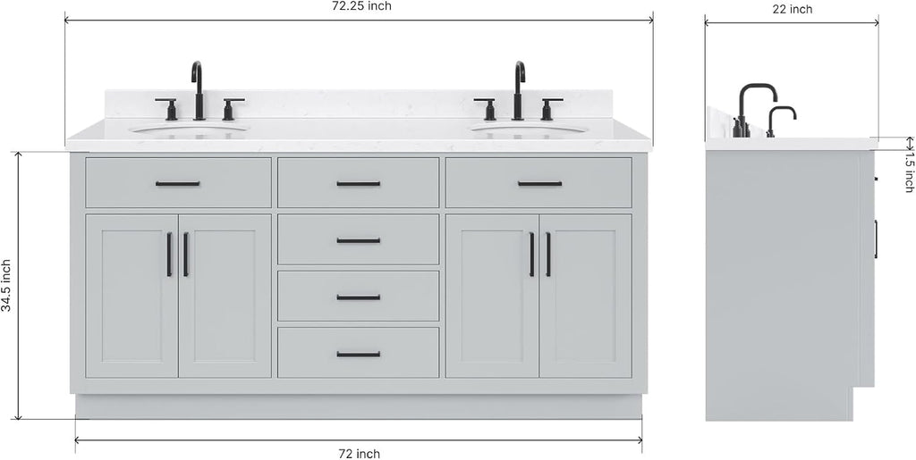 ARIEL Hepburn 72-inch Bathroom Vanity with Sink,Solid Wood, 1.5-inch Carrara White Quartz Countertop & Backsplash, Double Oval Porcelain Sink, 4 Soft Closing Doors, 6 Dovetail Drawers, Grey