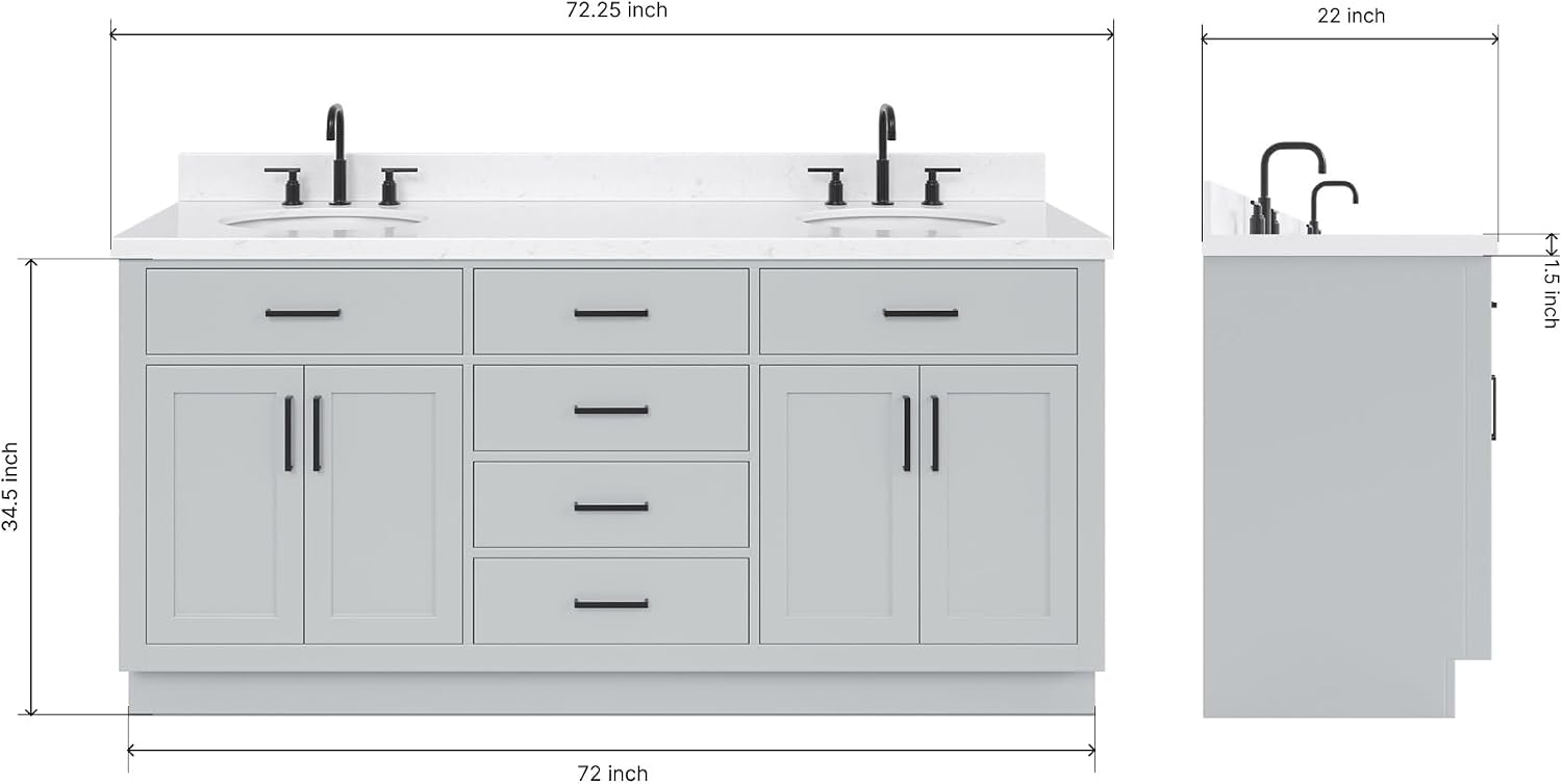 ARIEL Hepburn 72-inch Bathroom Vanity with Sink,Solid Wood, 1.5-inch Carrara White Quartz Countertop & Backsplash, Double Oval Porcelain Sink, 4 Soft Closing Doors, 6 Dovetail Drawers, Grey