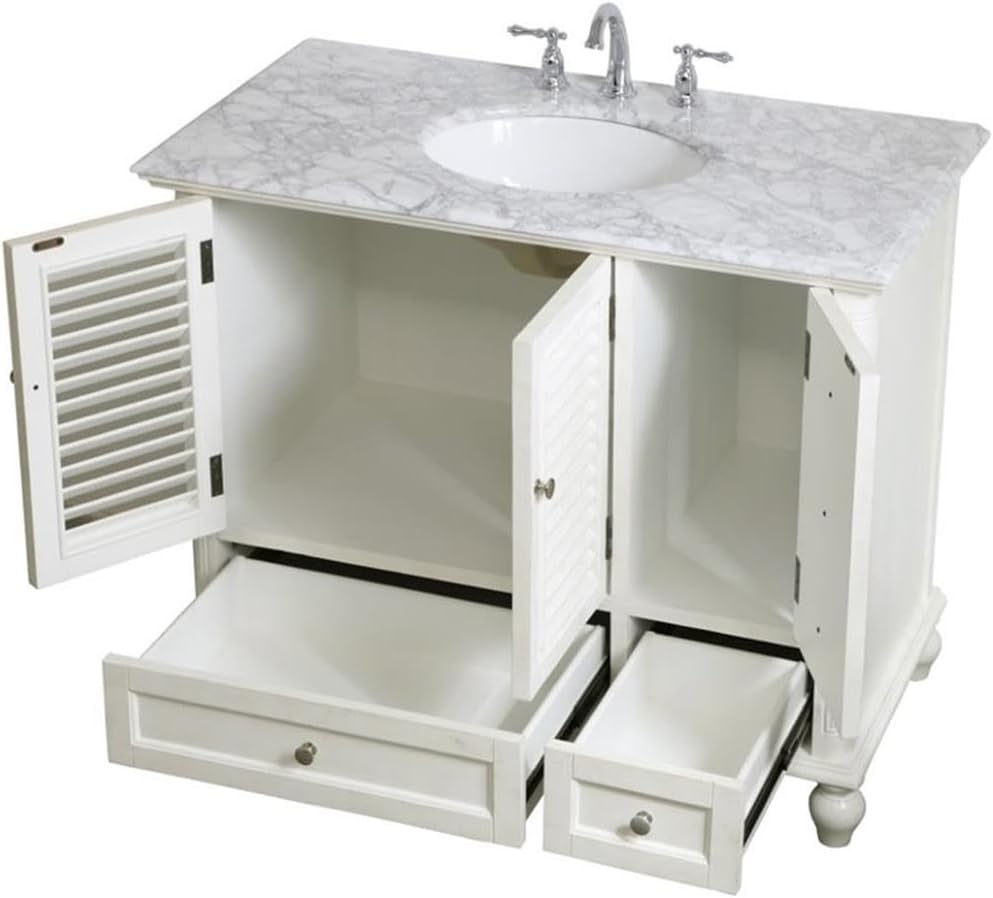 Pemberly Row 42' Single Bathroom Vanity, Antique White Finish, Solid Wood and MDF Base, Carrara White Marble Top, Porcelain Undermount Sink, 2 Drawers and 3 Doors, Freestanding for Bathroom Use