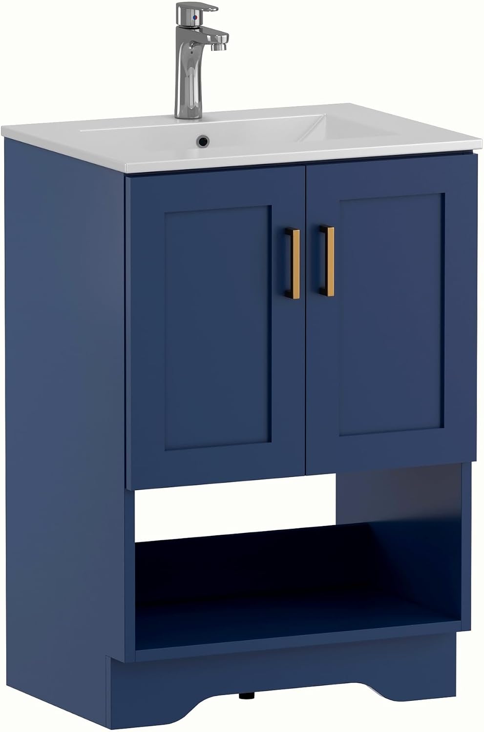 24 Inch Modern Bathroom Vanity with Ceramic Sink - Freestanding Cabinet 2 Soft-Close Doors & 1 Open Shelf, White Space-Saving Design for Powder Rooms (Blue)