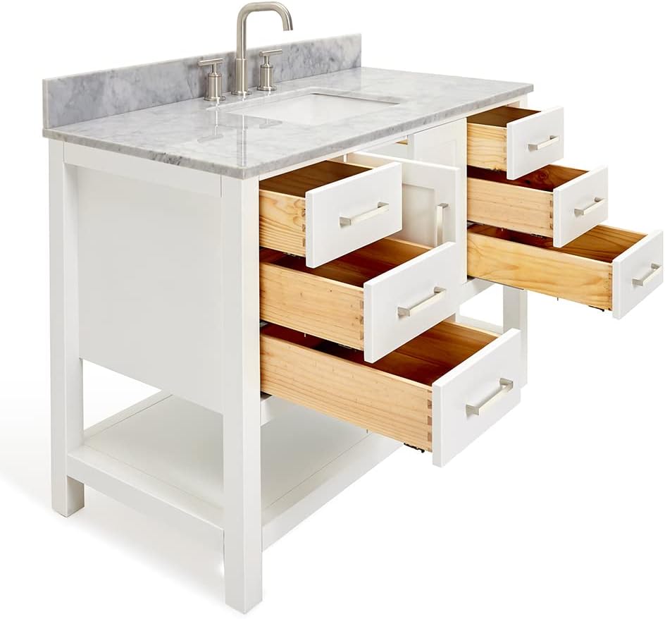 ARIEL Magnolia 48-inch Bathroom Vanity with Sink,Solid Wood, 0.75-inch Italian Carrara Marble Countertop, Single Rectangular Porcelain Sink, 2 Soft Closing Doors, 6 Dovetail Drawers, White