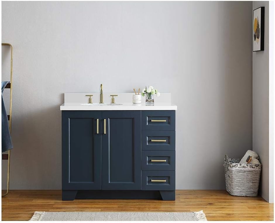 ARIEL Taylor 42-inch Bathroom Vanity with Sink,Solid Wood, 1.5-inch Pure White Quartz Countertop & Backsplash, Single Oval Porcelain Sink, 2 Soft Closing Doors, 5 Dovetail Drawers, Midnight Blue