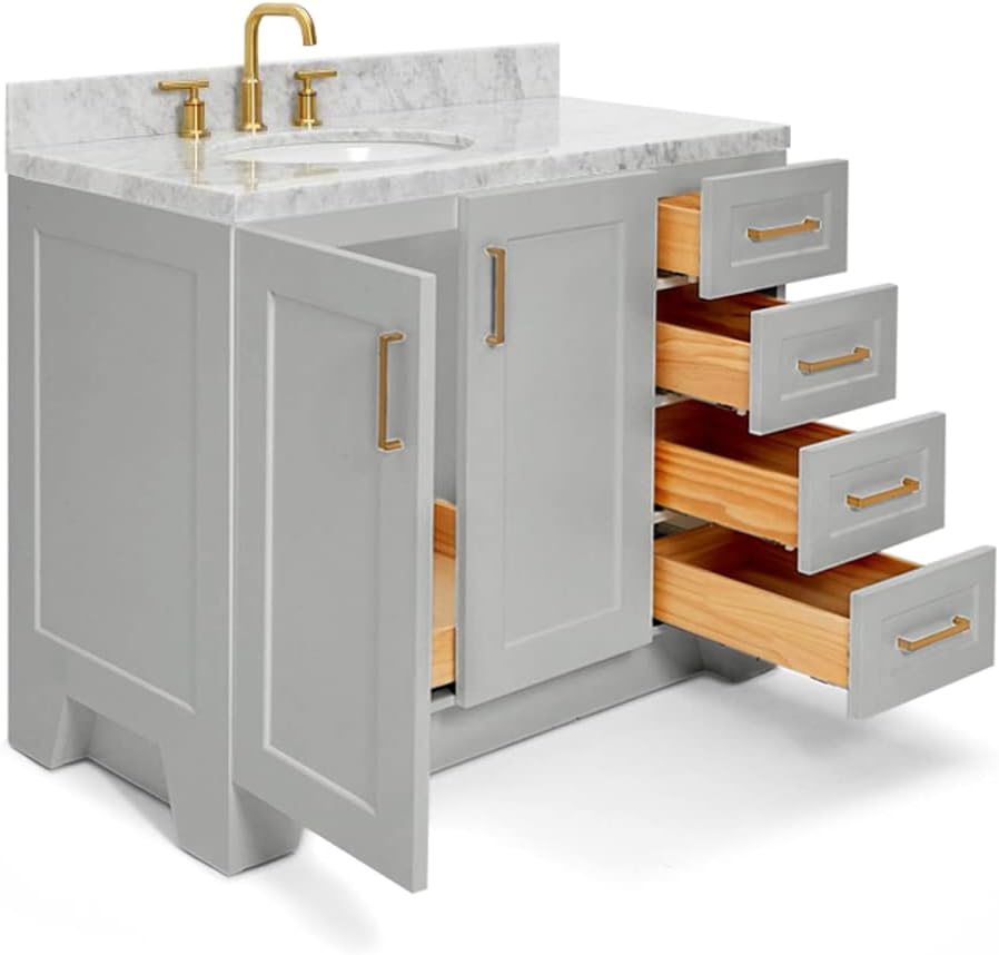 ARIEL Taylor 43 in. Left Offset Oval Sink Vanity with 1.5' Inch Carrara White Marble Countertop in Grey