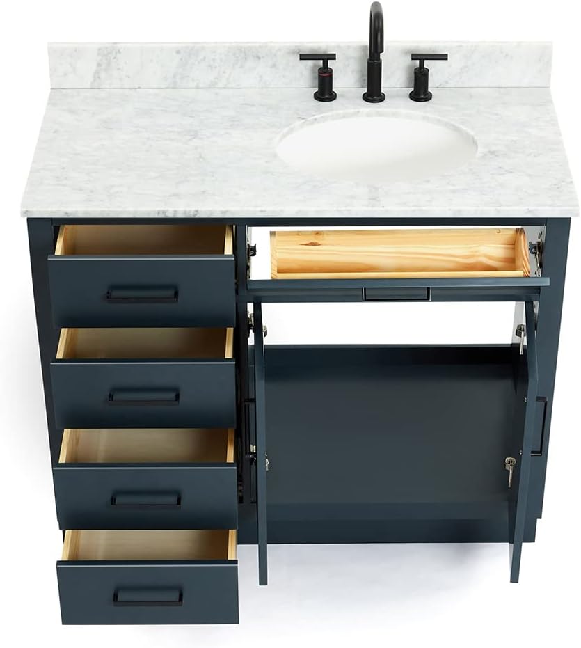 ARIEL Hepburn 43' Inch Right Offset Oval Sink Vanity with 0.75 Inch Edge Carrara White Countertop in Midnight Blue