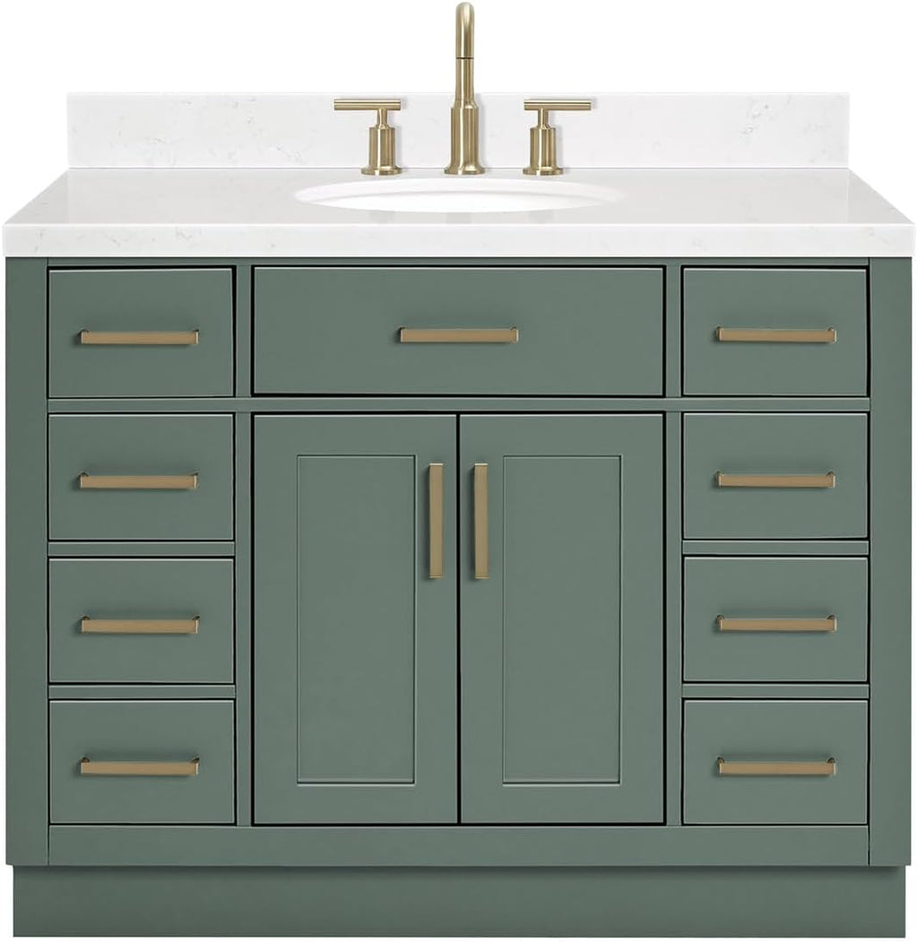 DKB Isabella 42-inch Vintage Green Bathroom Vanity with Center Oval Single Sink, Carrara White Quartz Countertop & Backsplash, Solid Wood Frame, Soft-Closing & Dovetail Drawers