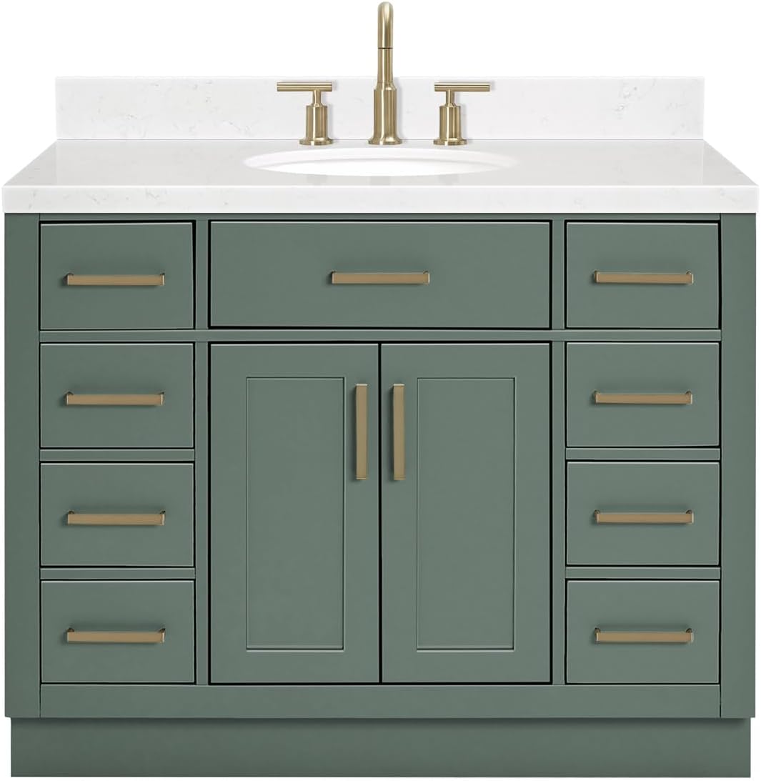 DKB Isabella 42-inch Vintage Green Bathroom Vanity with Center Oval Single Sink, Carrara White Quartz Countertop & Backsplash, Solid Wood Frame, Soft-Closing & Dovetail Drawers