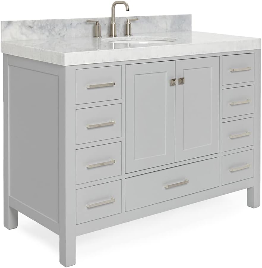 ARIEL Cambridge 48-inch Bathroom Vanity with Sink,Solid Wood, 2-inch Italian Carrara Marble Countertop & Backsplash, Single Oval Porcelain Sink, 2 Soft Closing Doors, 9 Dovetail Drawers, Grey