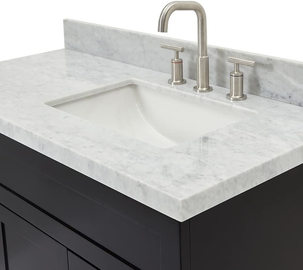 ARIEL Hamlet 42-inch Bathroom Vanity with Sink,Solid Wood, 1.5-inch Italian Carrara Marble Countertop, Single Rectangular Porcelain Sink, 2 Soft Closing Doors, 2 Dovetail Drawers, Black