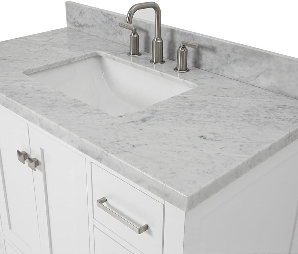 ARIEL Cambridge 42-inch Bathroom Vanity with Sink,Solid Wood, 1.5-inch Italian Carrara Marble Countertop, Single Rectangular Porcelain Sink, 2 Soft Closing Doors, 9 Dovetail Drawers, White