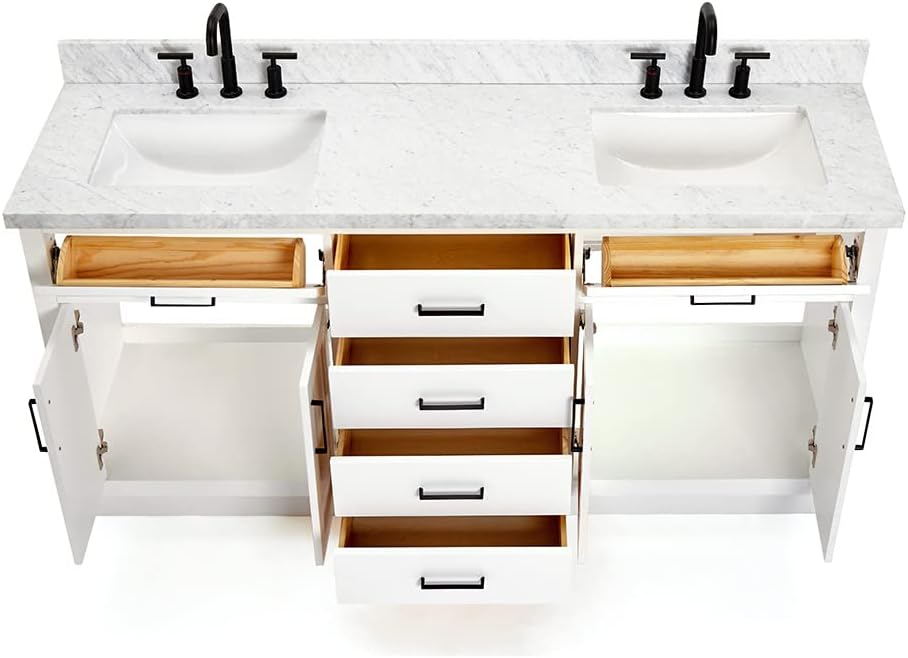DKB Isabella 72 Inch Bathroom Vanity Double Sink — White Bathroom Vanity with Sink, 1.5' Edge Italian Carrara Marble Countertop & Backsplash, 4 Soft-Close Doors, 4 Dovetail Drawers, and 2 Tilt Drawers