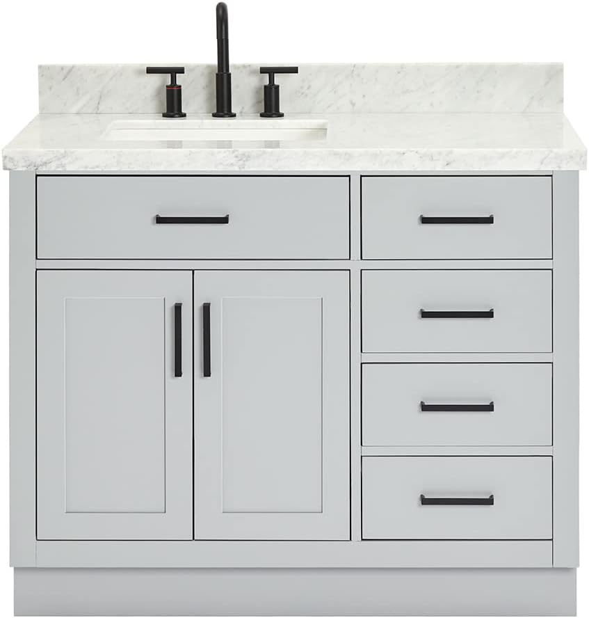 ARIEL 42' Gray Single Bathroom Vanity with Sink, 1.5' Edge Italian Carrara Marble Top, Solid Wood Frame, Rectangular Undermount Sink, 2 Soft Closing Doors, 9 Dovetail Drawers