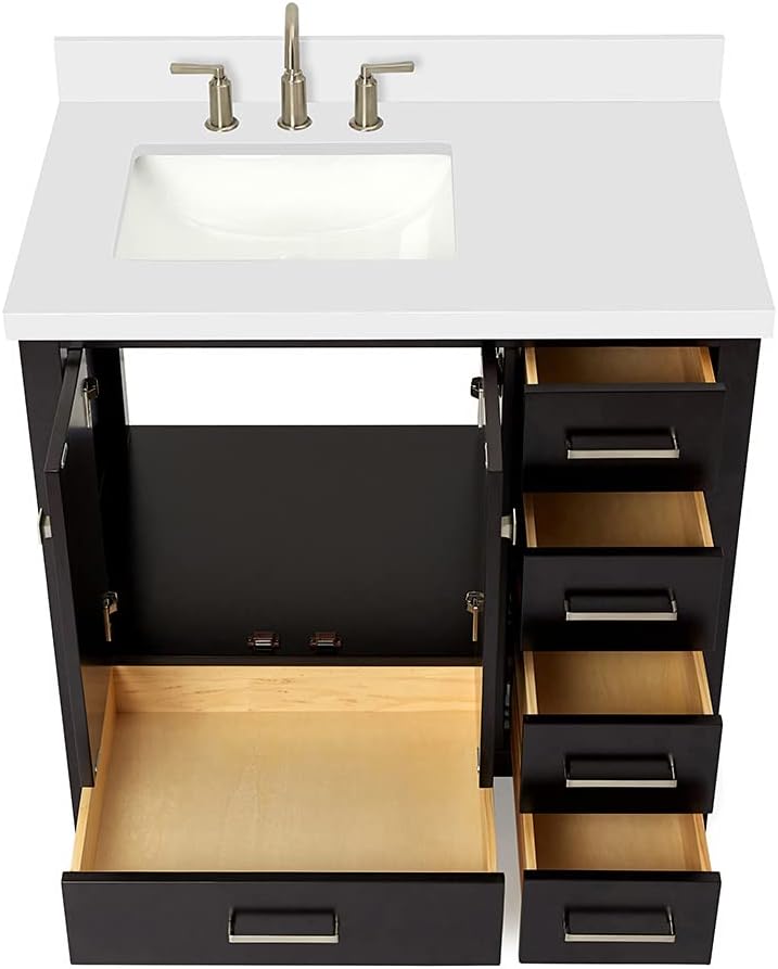 ARIEL Cambridge 36-inch Bathroom Vanity with Sink,Solid Wood, 1.5-inch Pure White Quartz Countertop, Single Rectangular Porcelain Sink, 2 Soft Closing Doors, 5 Dovetail Drawers, Espresso