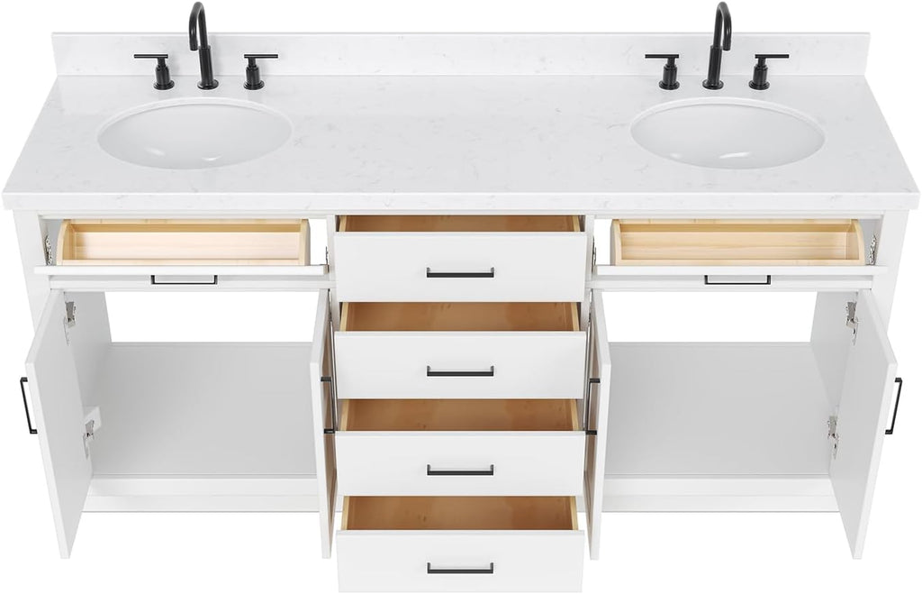 ARIEL Hepburn 72-inch Bathroom Vanity with Sink,Solid Wood, 1.5-inch Carrara White Quartz Countertop & Backsplash, Double Oval Porcelain Sink, 4 Soft Closing Doors, 6 Dovetail Drawers, White