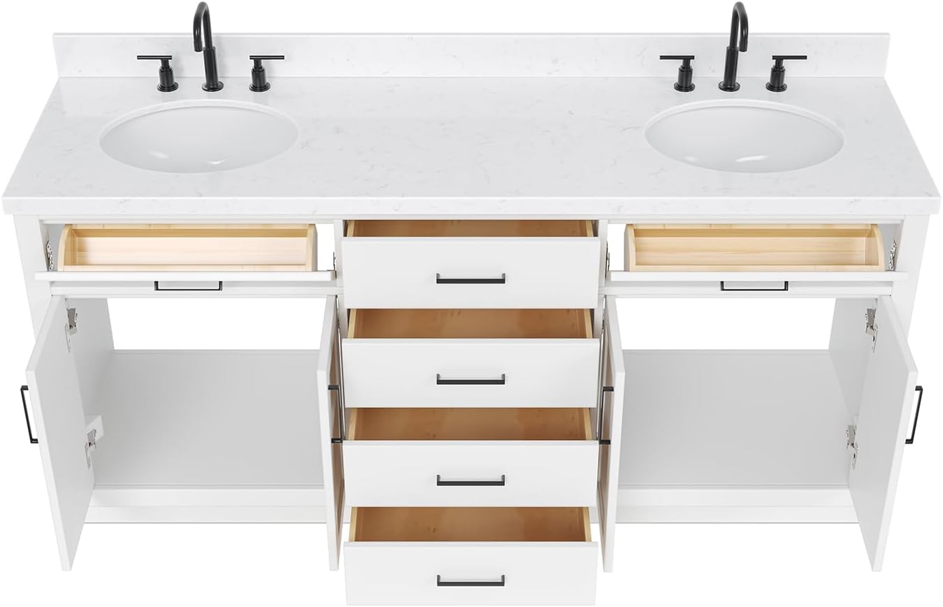 ARIEL Hepburn 72-inch Bathroom Vanity with Sink,Solid Wood, 1.5-inch Carrara White Quartz Countertop & Backsplash, Double Oval Porcelain Sink, 4 Soft Closing Doors, 6 Dovetail Drawers, White
