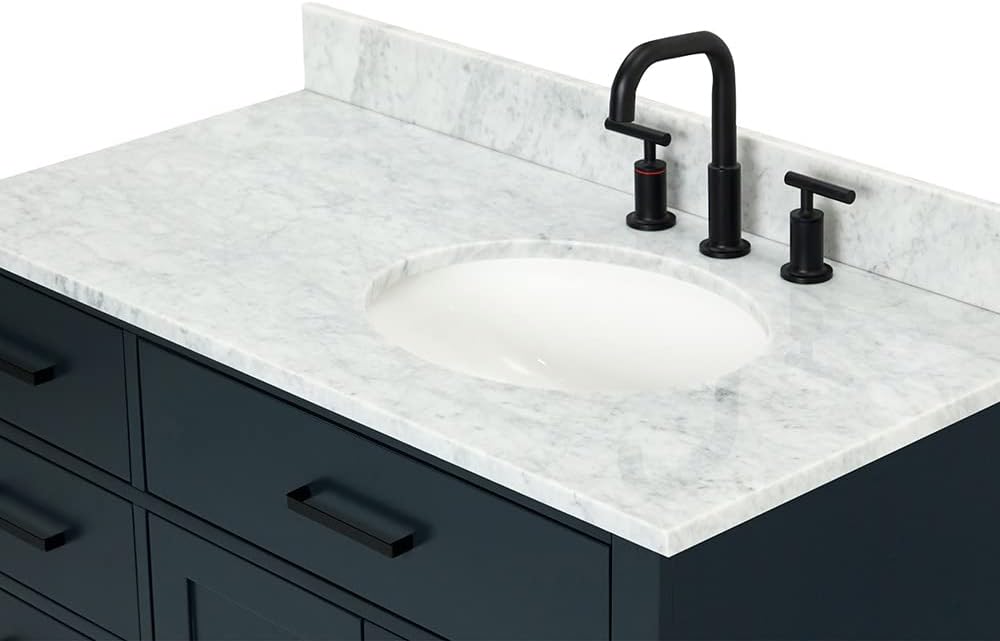 ARIEL Hepburn 43' Inch Right Offset Oval Sink Vanity with 0.75 Inch Edge Carrara White Countertop in Midnight Blue