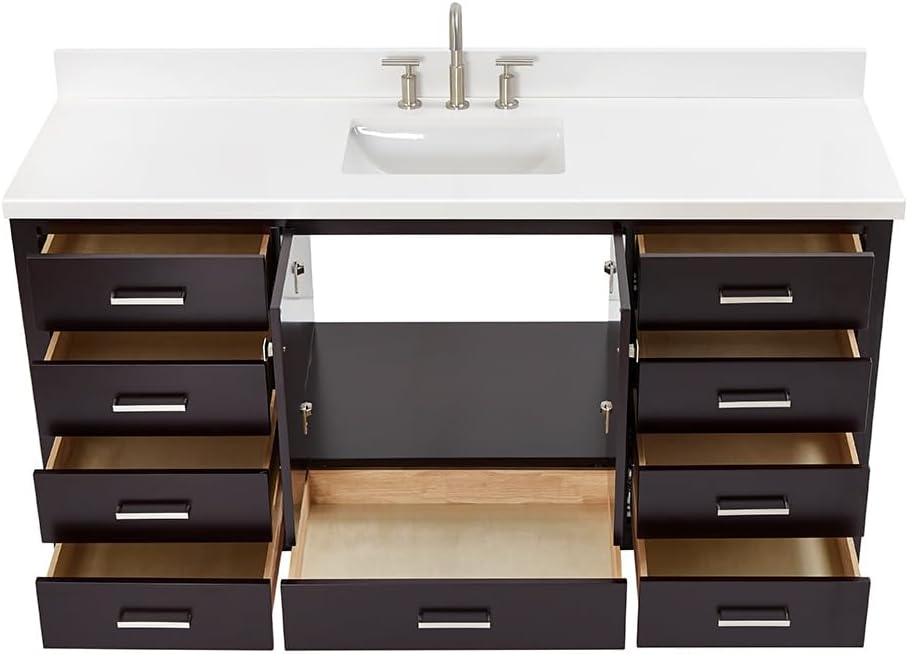 ARIEL Cambridge 66-inch Bathroom Vanity with Sink,Solid Wood, 1.5-inch Pure White Quartz Countertop, Single Rectangular Porcelain Sink, 2 Soft Closing Doors, 9 Dovetail Drawers, Espresso