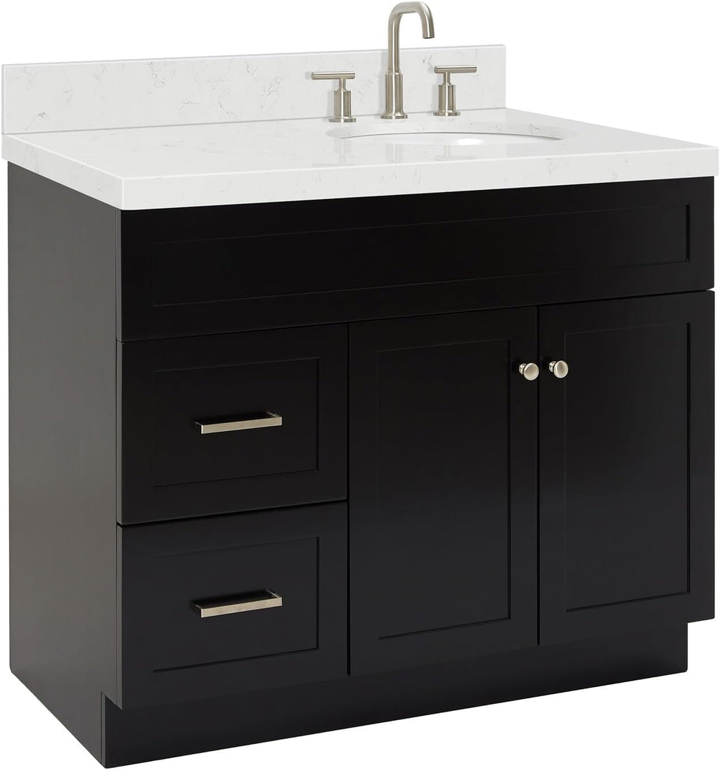 ARIEL Hamlet 42 in. Right Offset Oval Sink Bathroom Vanity with Carrara White Quartz Countertop 1.5 Edge in Black