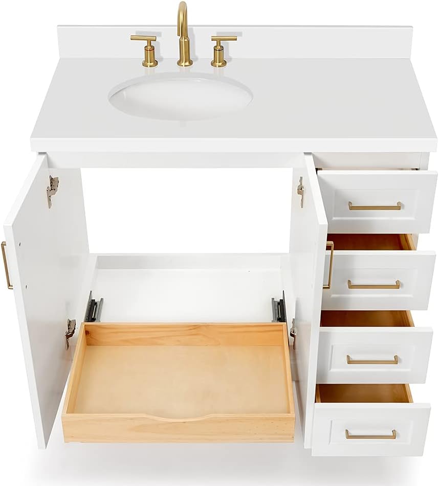 ARIEL Taylor 42-inch Bathroom Vanity with Sink,Solid Wood, 1.5-inch Pure White Quartz Countertop & Backsplash, Single Oval Porcelain Sink, 2 Soft Closing Doors, 5 Dovetail Drawers, White